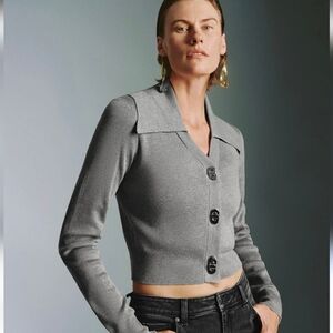 Urban Revivo Women's Gray Lapel Button-up Cropped Knitted Cardigan (Size US 6)